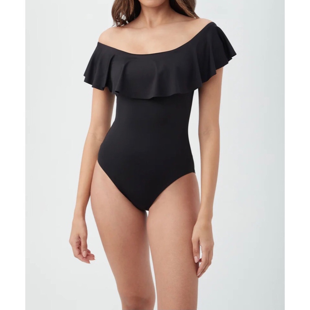 TRINA TURK Monaco Black Ruffle Off The Shoulder One Piece Swimsuit